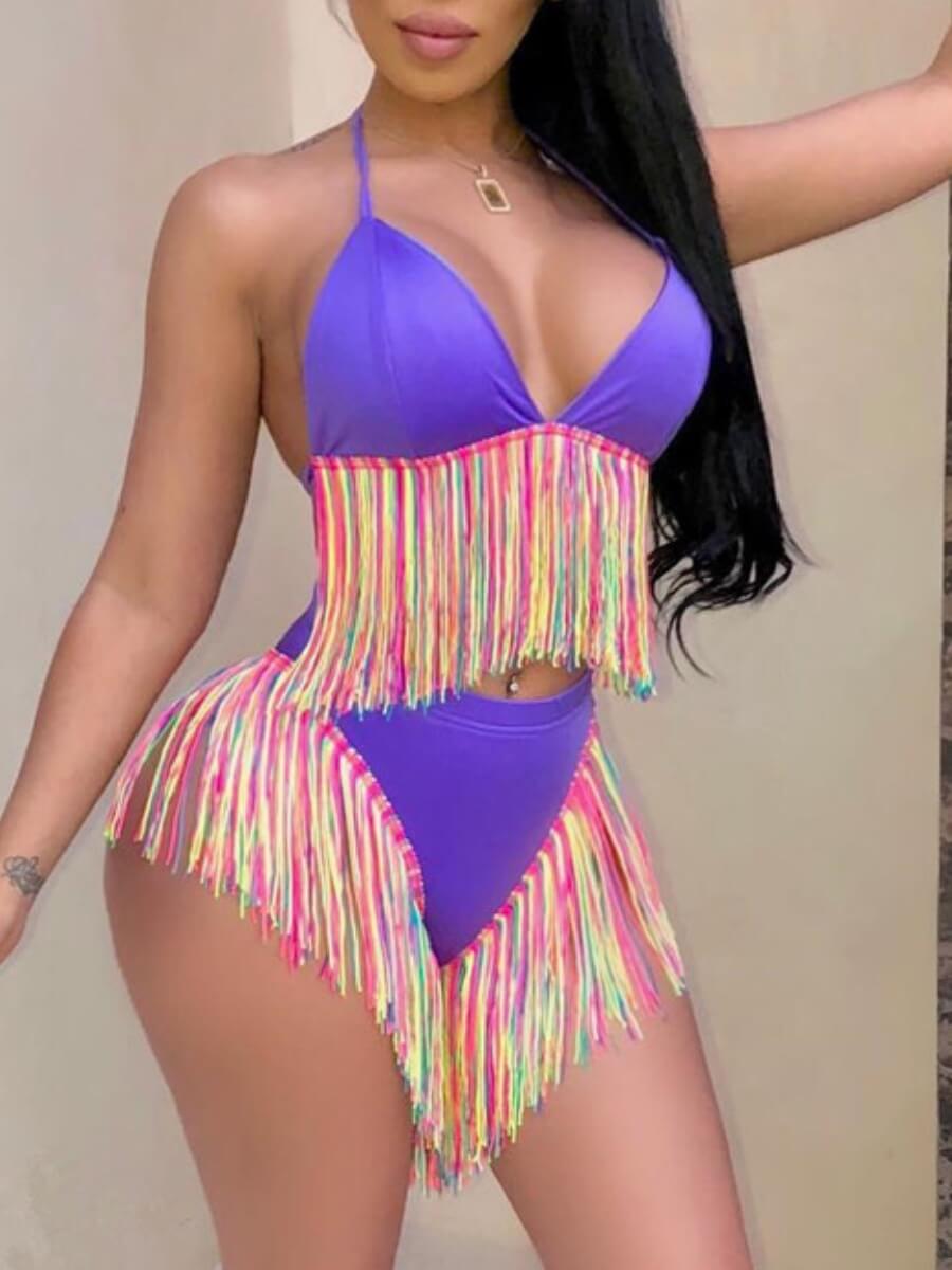 

Lovely Trendy Bandage Tassel Design Patchwork Purple Two-piece Swimsuit