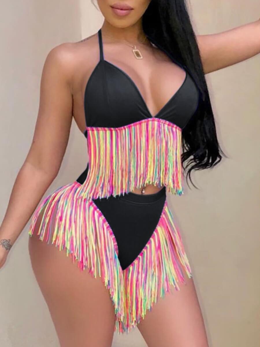 

Lovely Trendy Bandage Tassel Design Patchwork Black Two-piece Swimsuit