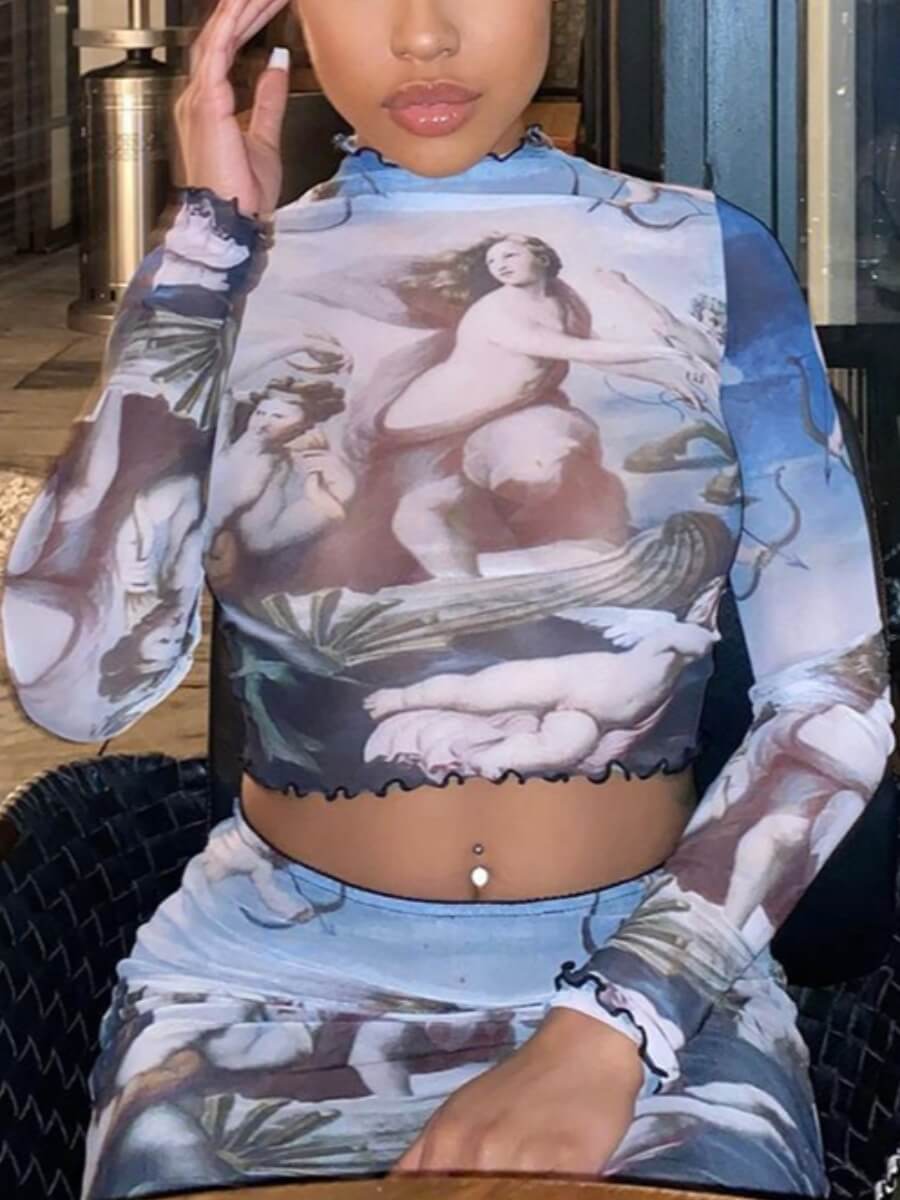 

LW Chic Half A Turtleneck Graffiti Print Blue T-shirt
