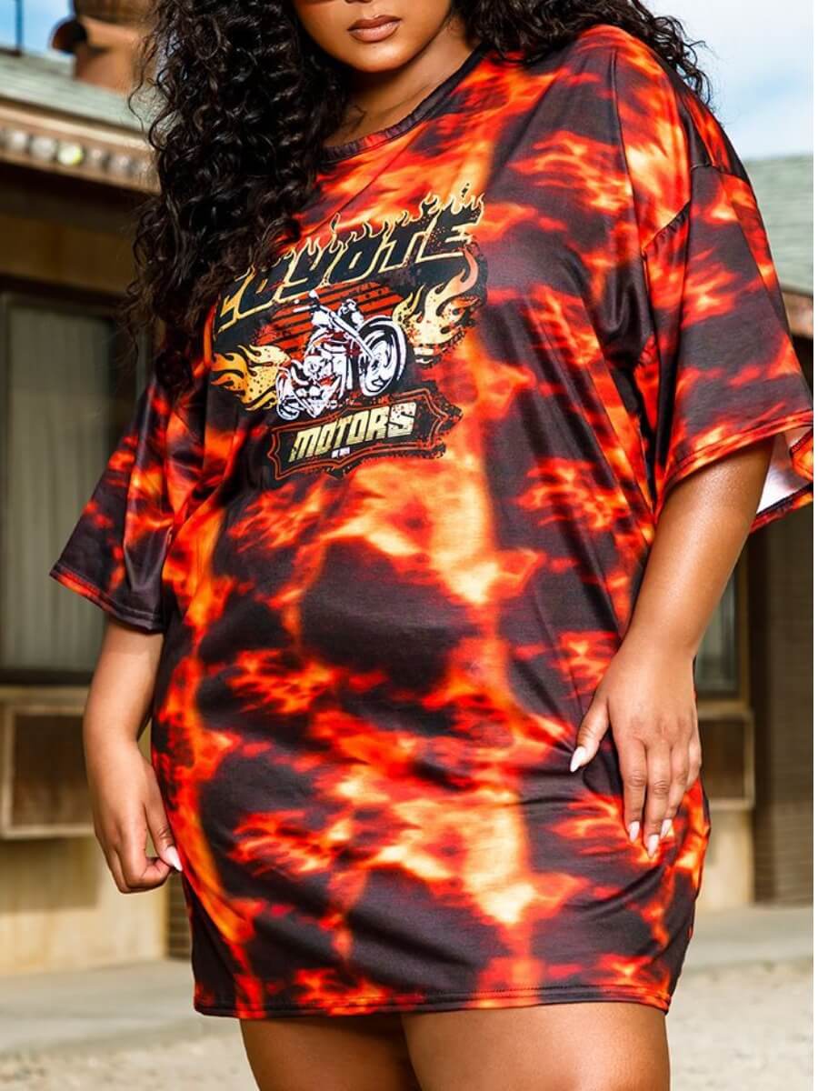 

Lovely Sweet Letter Flame Print Multicolor Mini Plus Size Dress, Multi