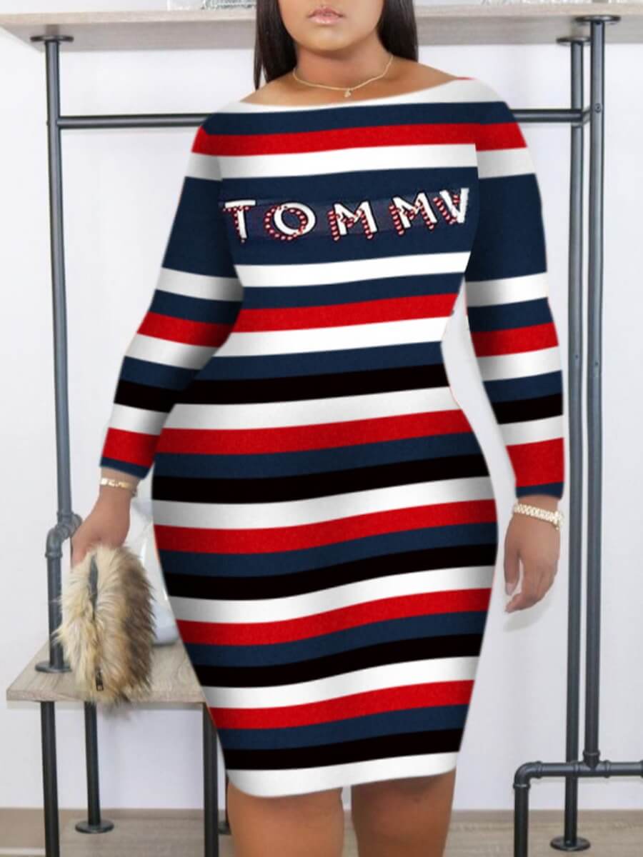 

Lovely Trendy Letter Print Striped Red Knee Length Plus Size Dress