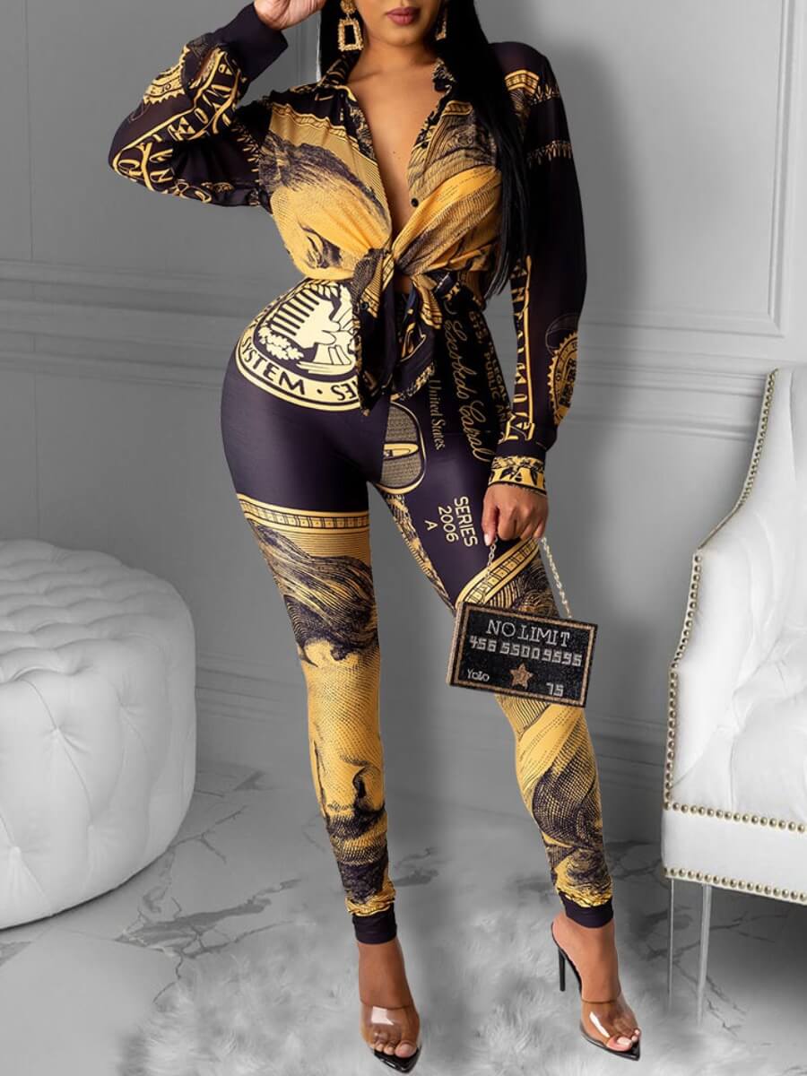 

Lovely Trendy Letter Print Patchwork Golden Yellow Two Piece Pants Set