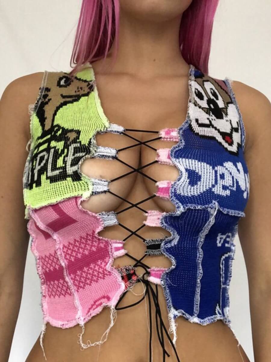 

Lovely Sexy Print Patchwork Lace-up Hollow-out Blue Camisole