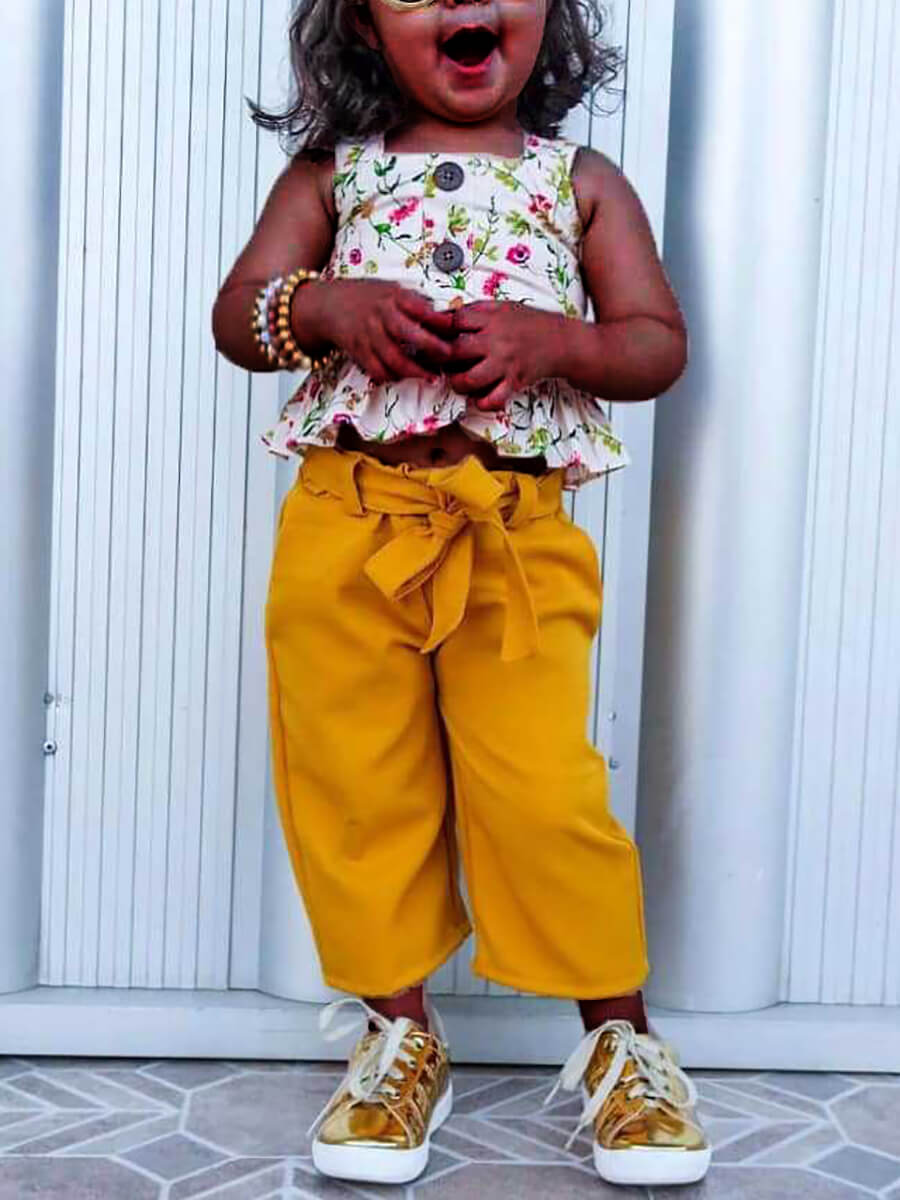 

Lovely Casual Spaghetti Strap Floral Print Yellow Girls Two Piece Pants Set