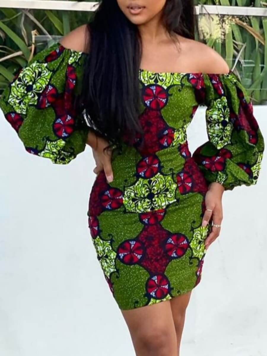 

Lovely Bohemian Off The Shoulder Print Green Mini Dress