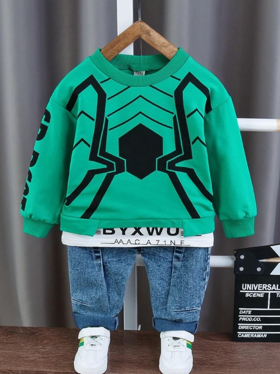 

Lovely Street O Neck Print Green Boy Two Piece Pants Set