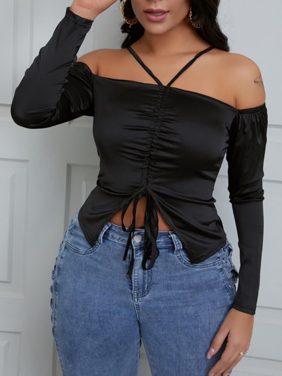 

LW Casual Bateau Neck Drawstring Design Black T-shirt
