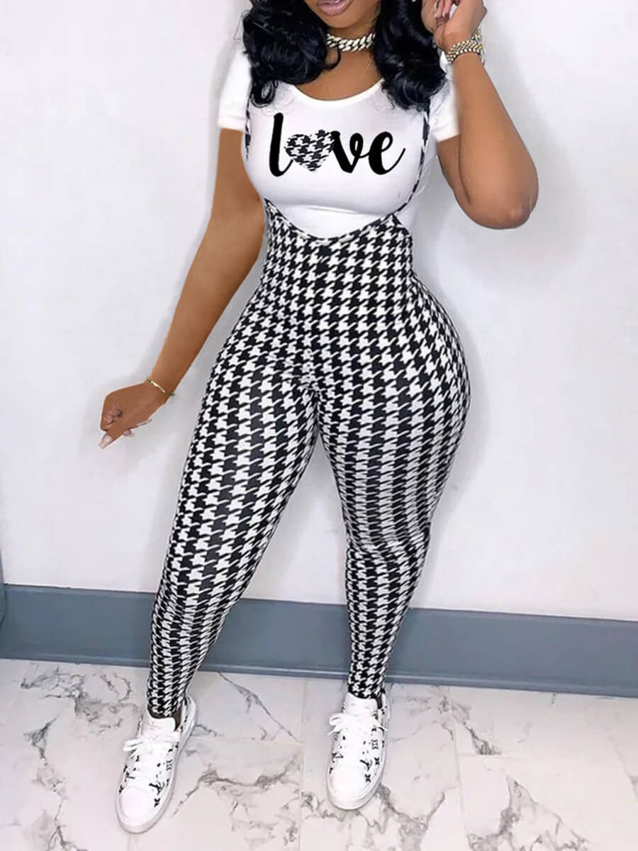 LW BASIC Plus Size Casual O Neck Letter Plaid Print Black Two-piece Pants Set