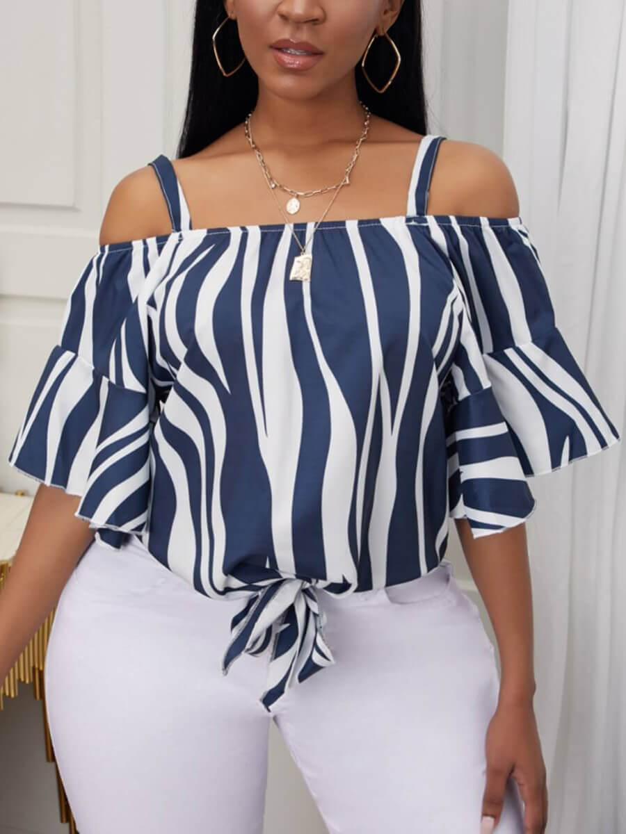 

LW Plus Size Casual Off The Shoulder Flared Striped Deep Blue Blouse