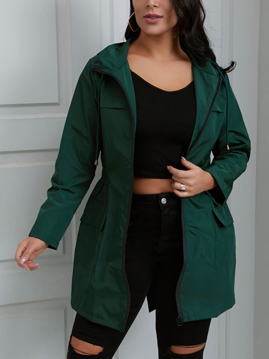 

Lovely Casual Hooded Collar Pocket Design Green Trench Coat