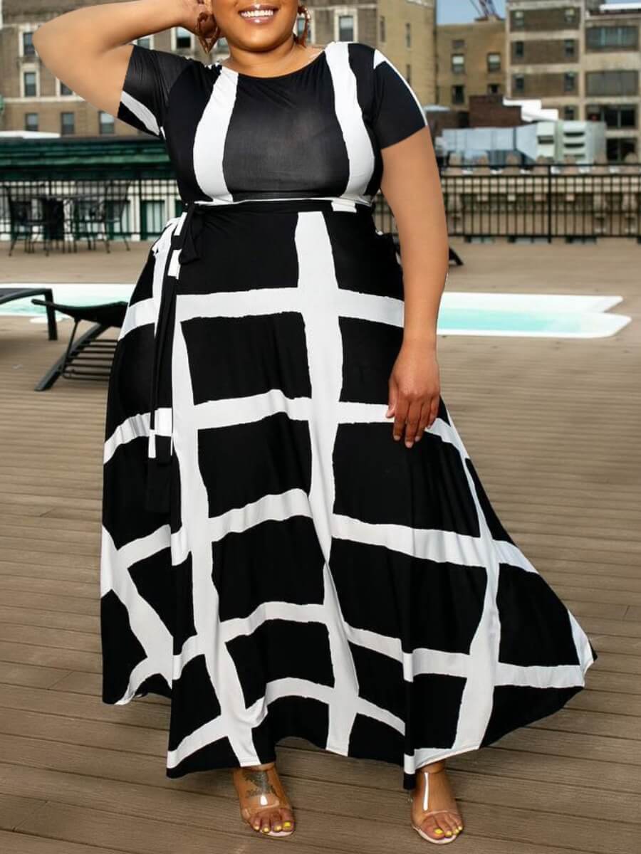 

Lovely Plus Size Casual O Neck Print Black Floor Length A Line Dress
