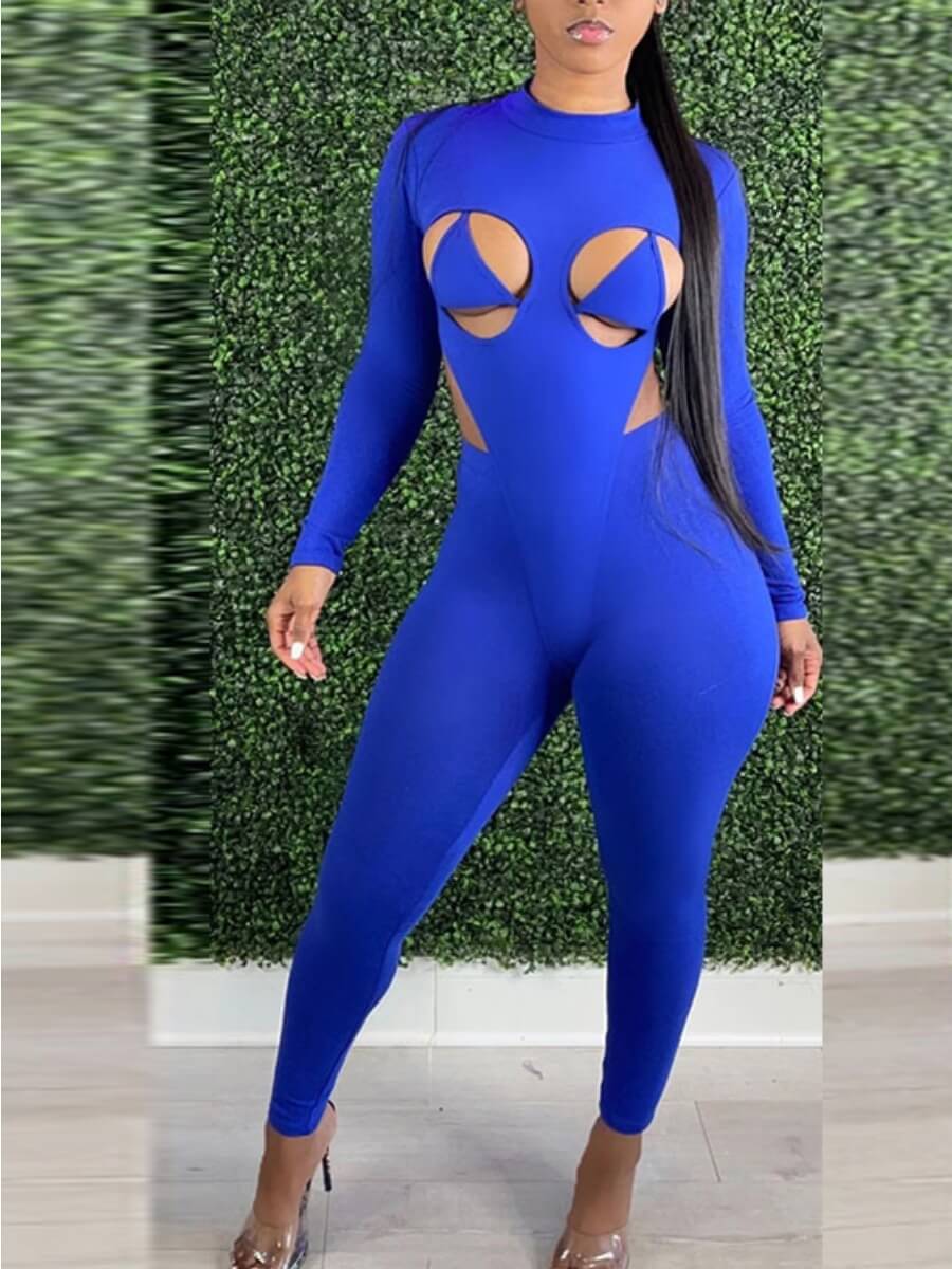 

Lovely Sexy Half A Turtleneck Hollow-out Blue Two Piece Pants Set