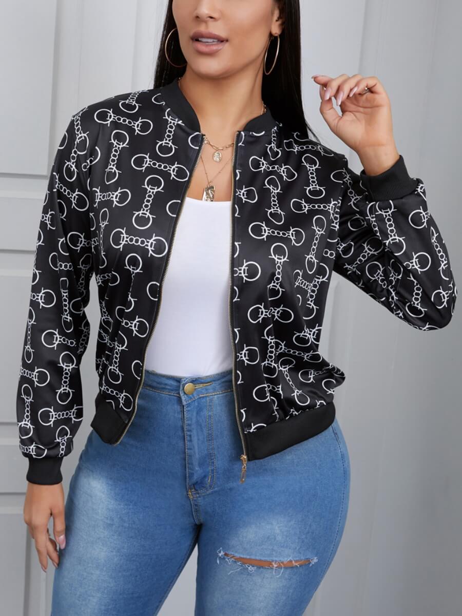 

Lovely Casual Mandarin Collar Print Patchwork Black Jacket