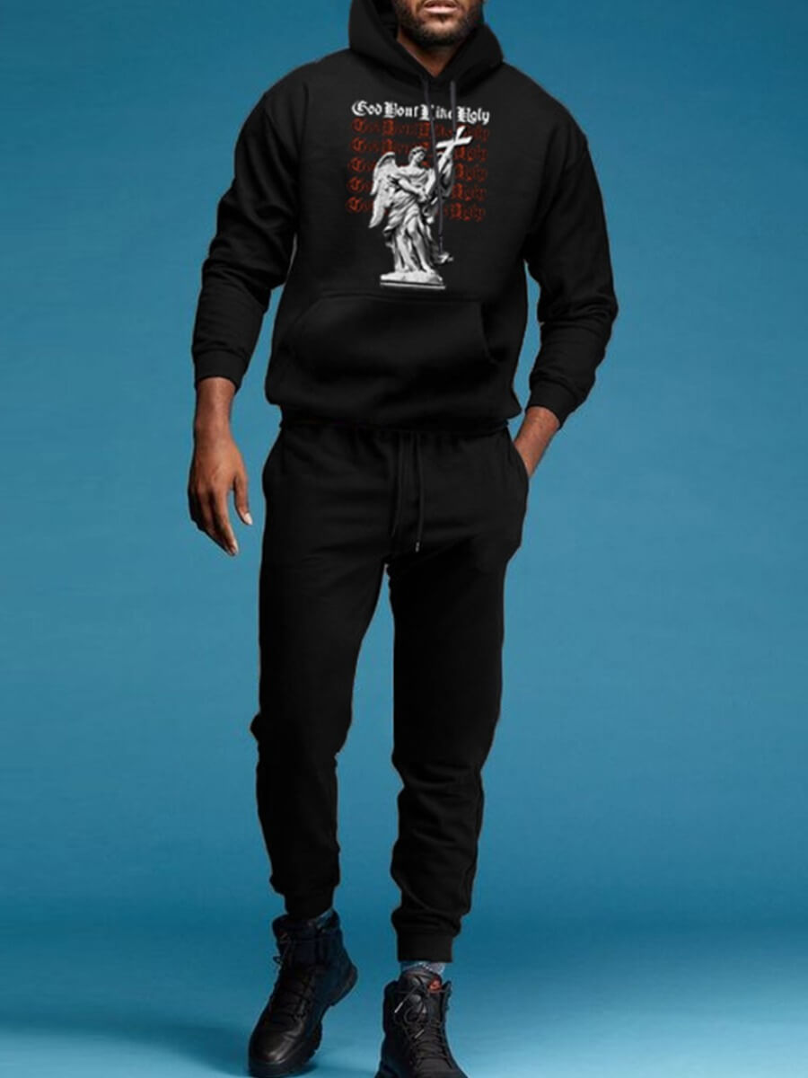 

Lovely Casual Hooded Collar Letter Print Black Men Two Piece Pants Set
