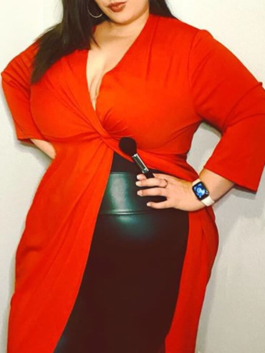 

Lovely Party V Neck Split Red Plus Size Blouse