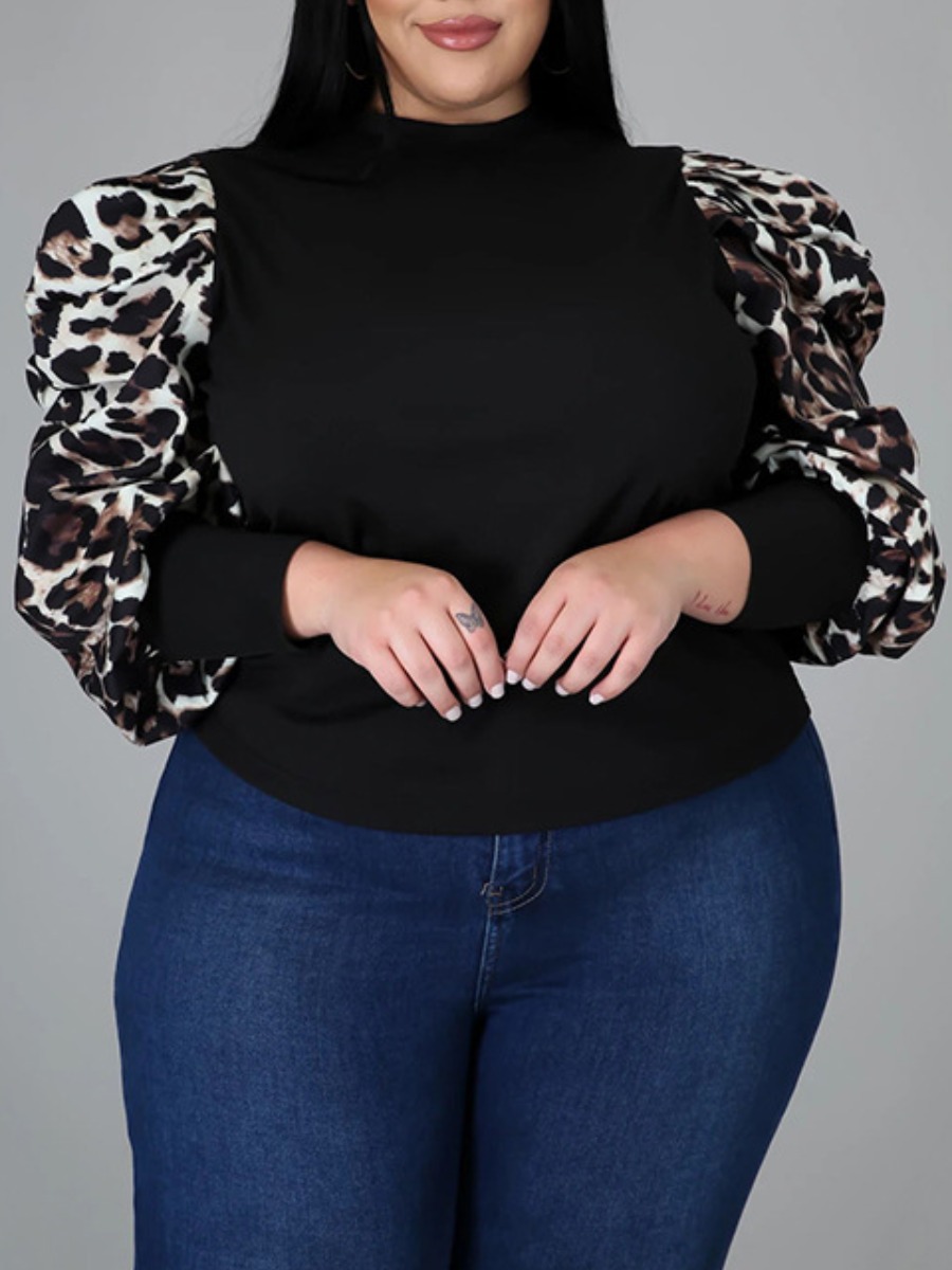 

Lovely Sweet Ruffle Design Leopard Print Patchwork Plus Size T-shirt