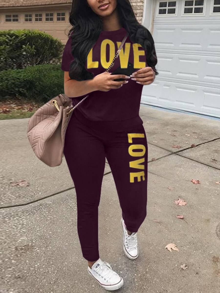 

Lovely Casual O Neck Letter Print Purple Two Piece Pants Set