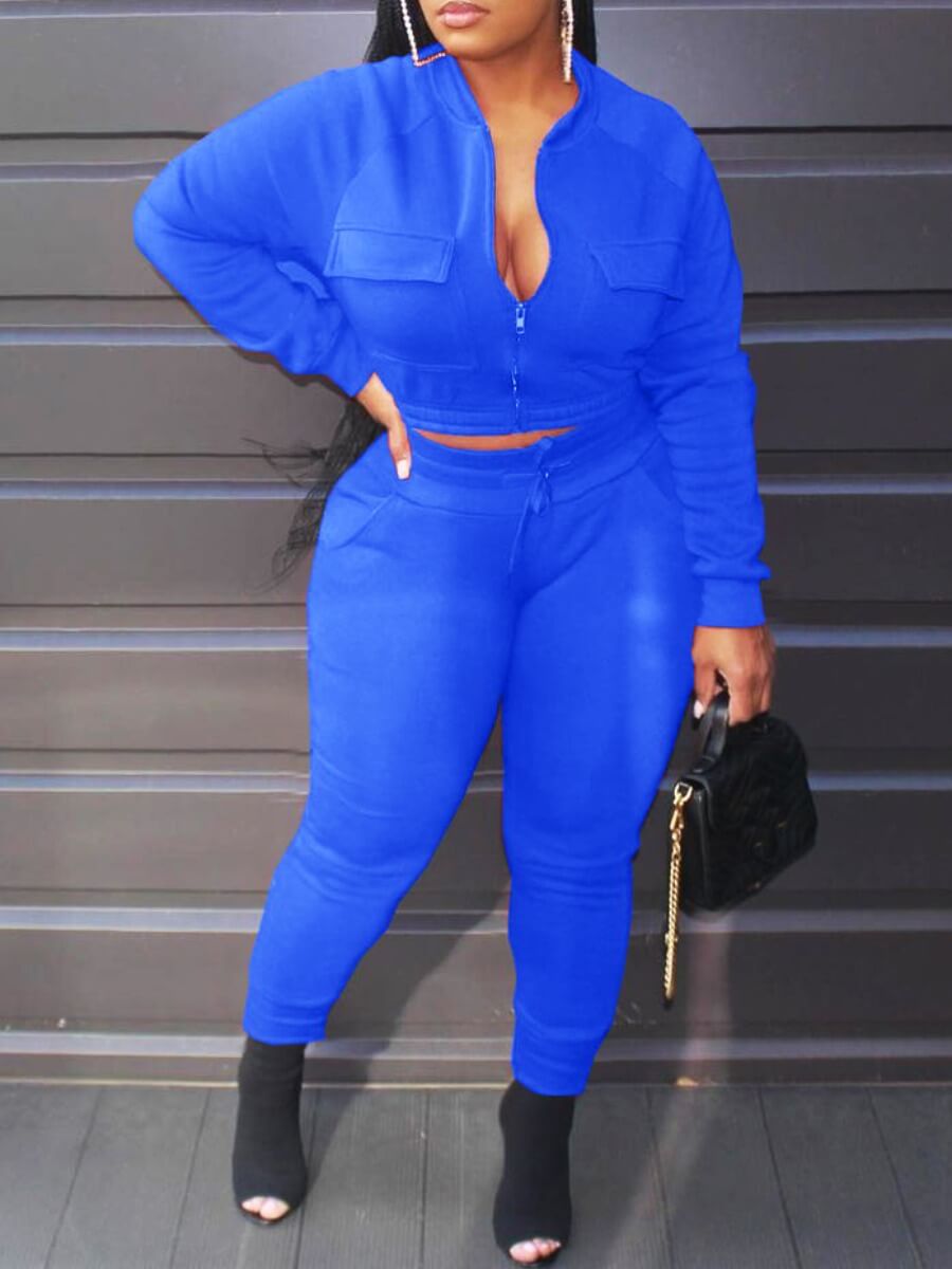 

Lovely Casual Pocket Design Blue Two Piece Pants Set