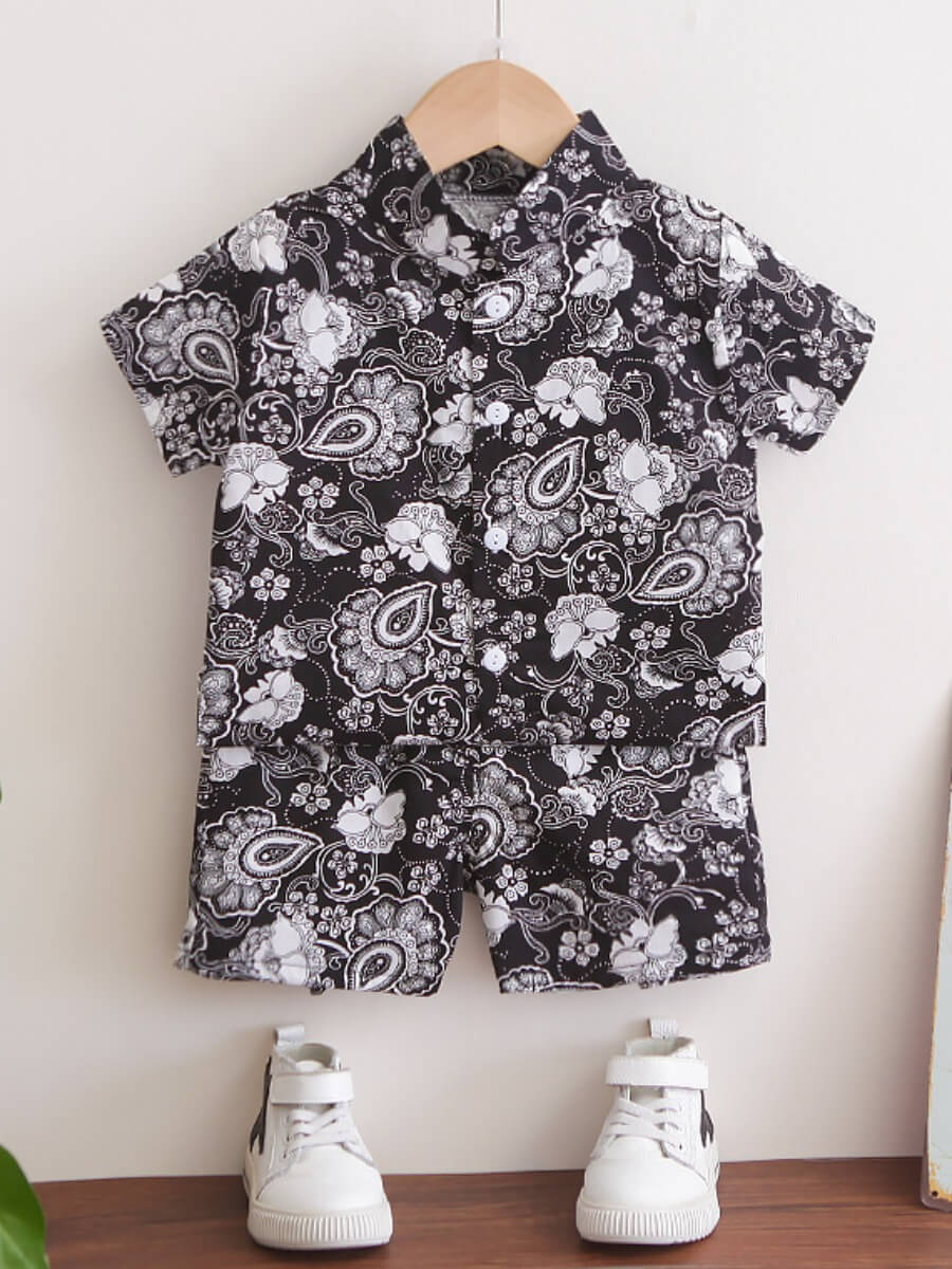

Lovely Street Turndown Collar Print Black Boy Two Piece Shorts Set