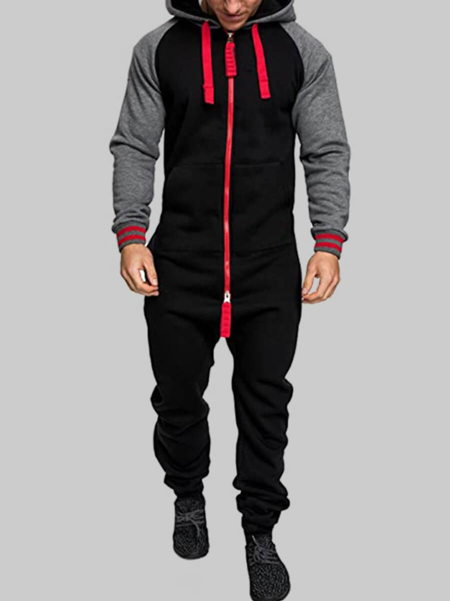 

Lovely Casual Hooded Collar Patchwork Black Men One-piece Jumpsuit