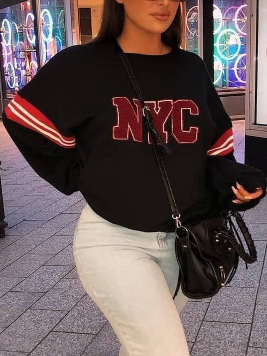 

Lovely Casual O Neck Letter Print Patchwork Black Hoodie