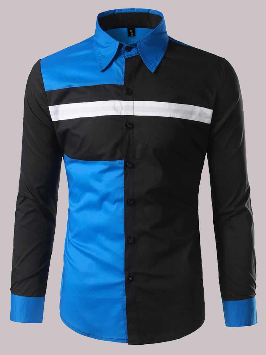 

Lovely Men Trendy Color-lump Patchwork Blue Shirt