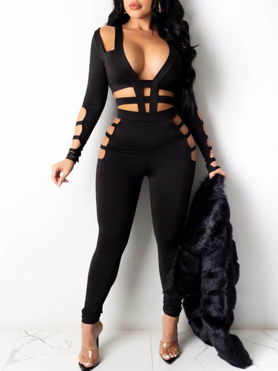 

LW Party Halter Neck Hollow-out Black One-piece Jumpsuit