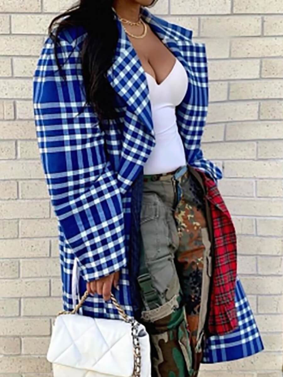 

Lovely Formal Plaid Print Patchwork Blue Trench Coat