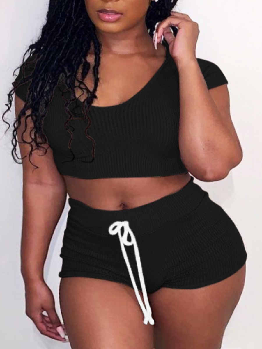 

Lovely Casual U Neck Drawstring Black Two Piece Shorts Set