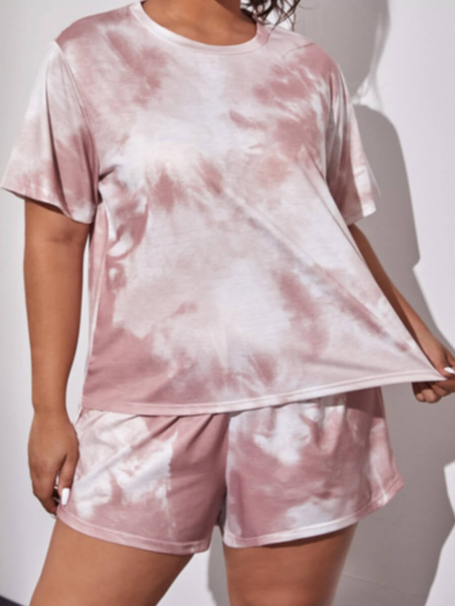 

Lovely Casual O Neck Tie Dye Pink Plus Size Two-piece Shorts Set