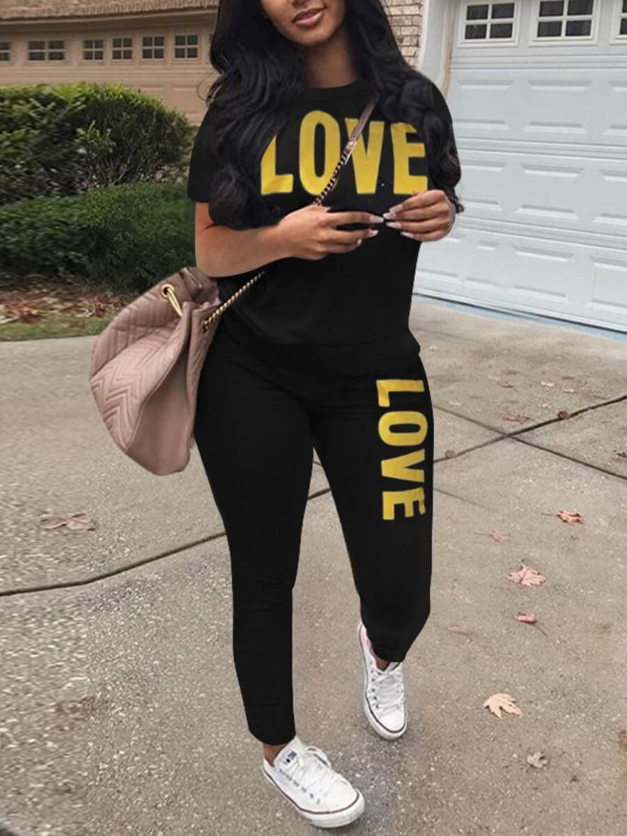 

Lovely Trendy Letter Print Patchwork Black Two Piece Pants Set