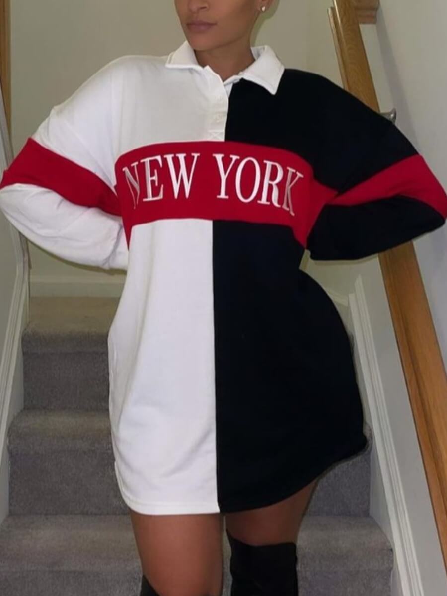 

Lovely Casual Letter Print Patchwork Red Mini Dress