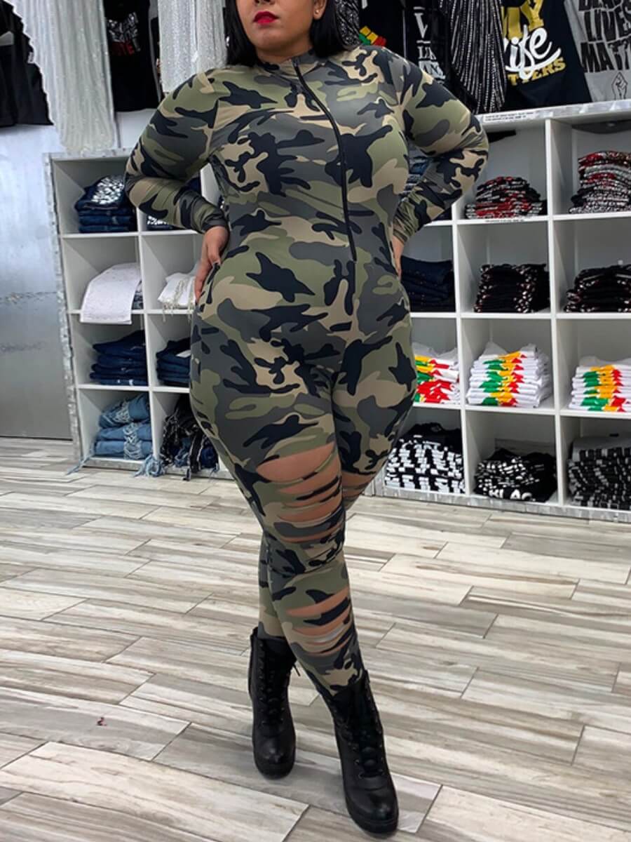 

Lovely Street Turtleneck Camo Print Ripped Plus Size One-piece Jumpsuit