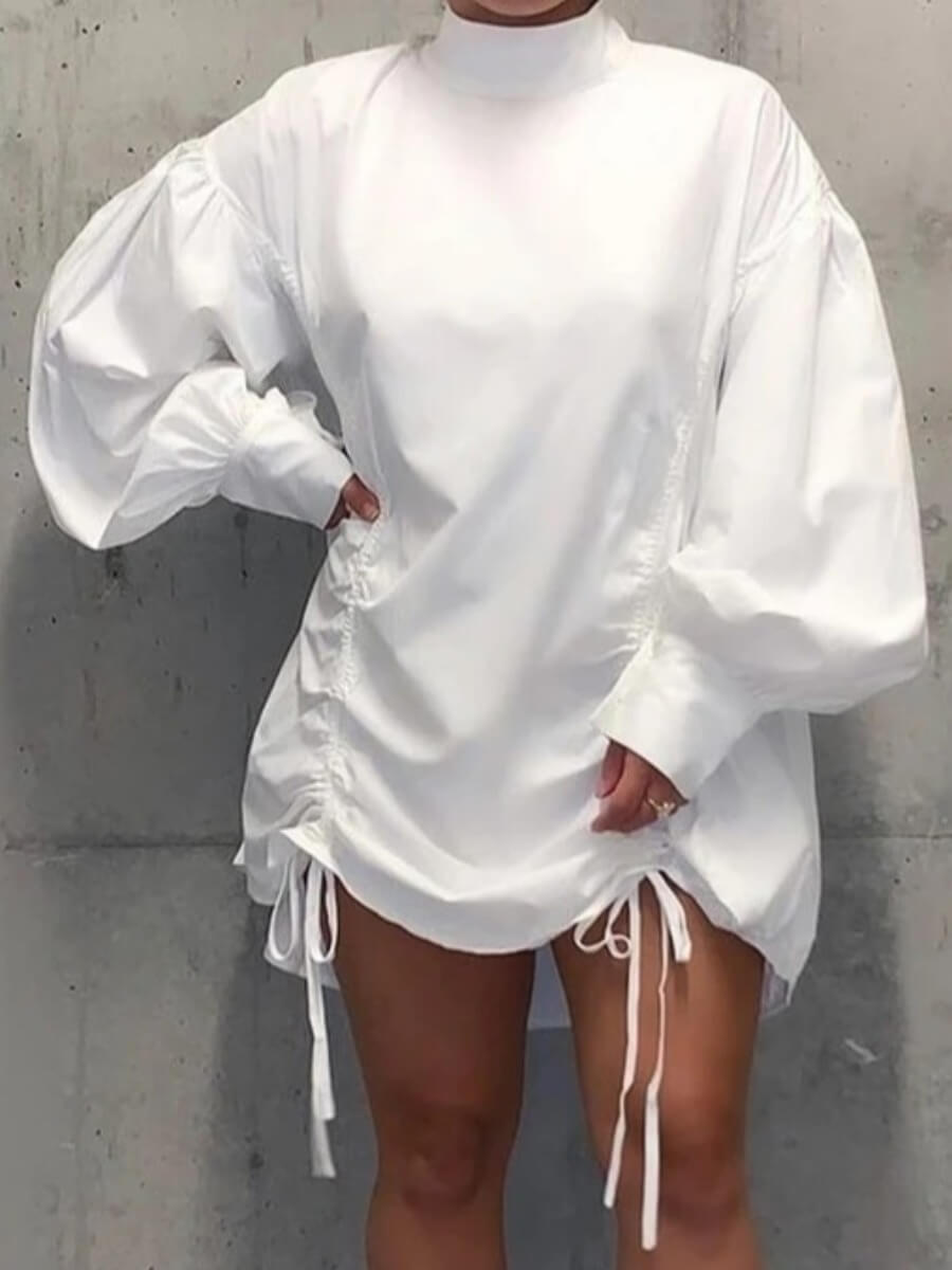 

Lovely Stylish Batwing Sleeve Ruched Drawstring White Mini Plus Size Dress