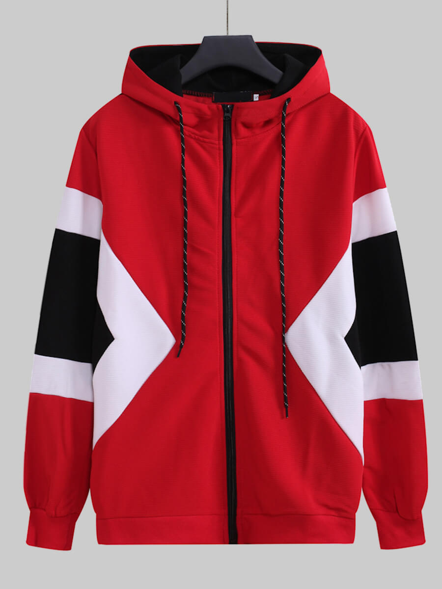 

Lovely Casual Hoodie Collar Patchwork Drawstring Red Men Jacket