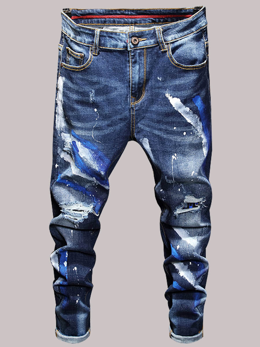 

Lovely Street Mid Waist Print Blue Men Jeans