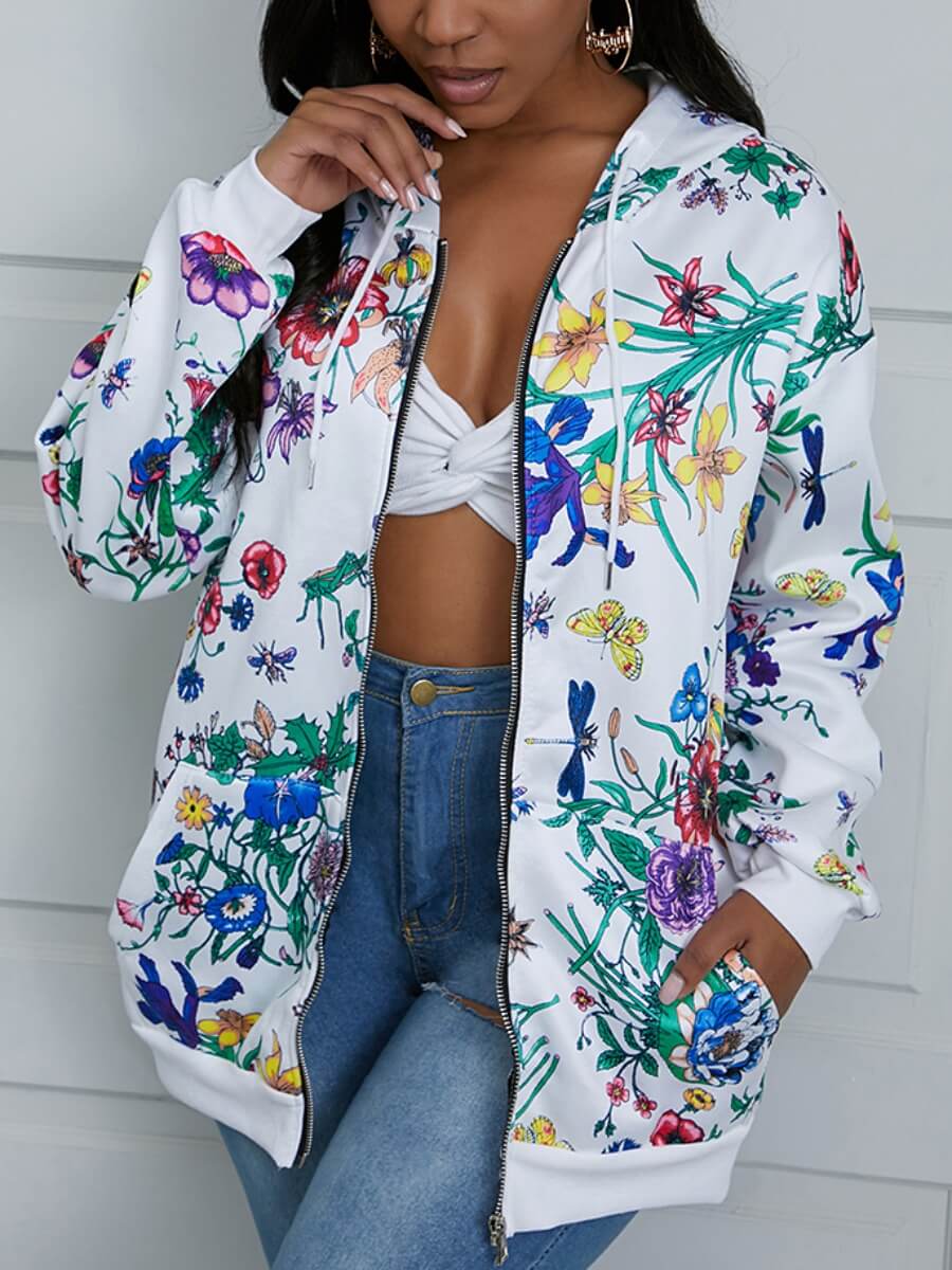 

Lovely Casual Hooded Collar Drawstring Print White Hoodie Outwear