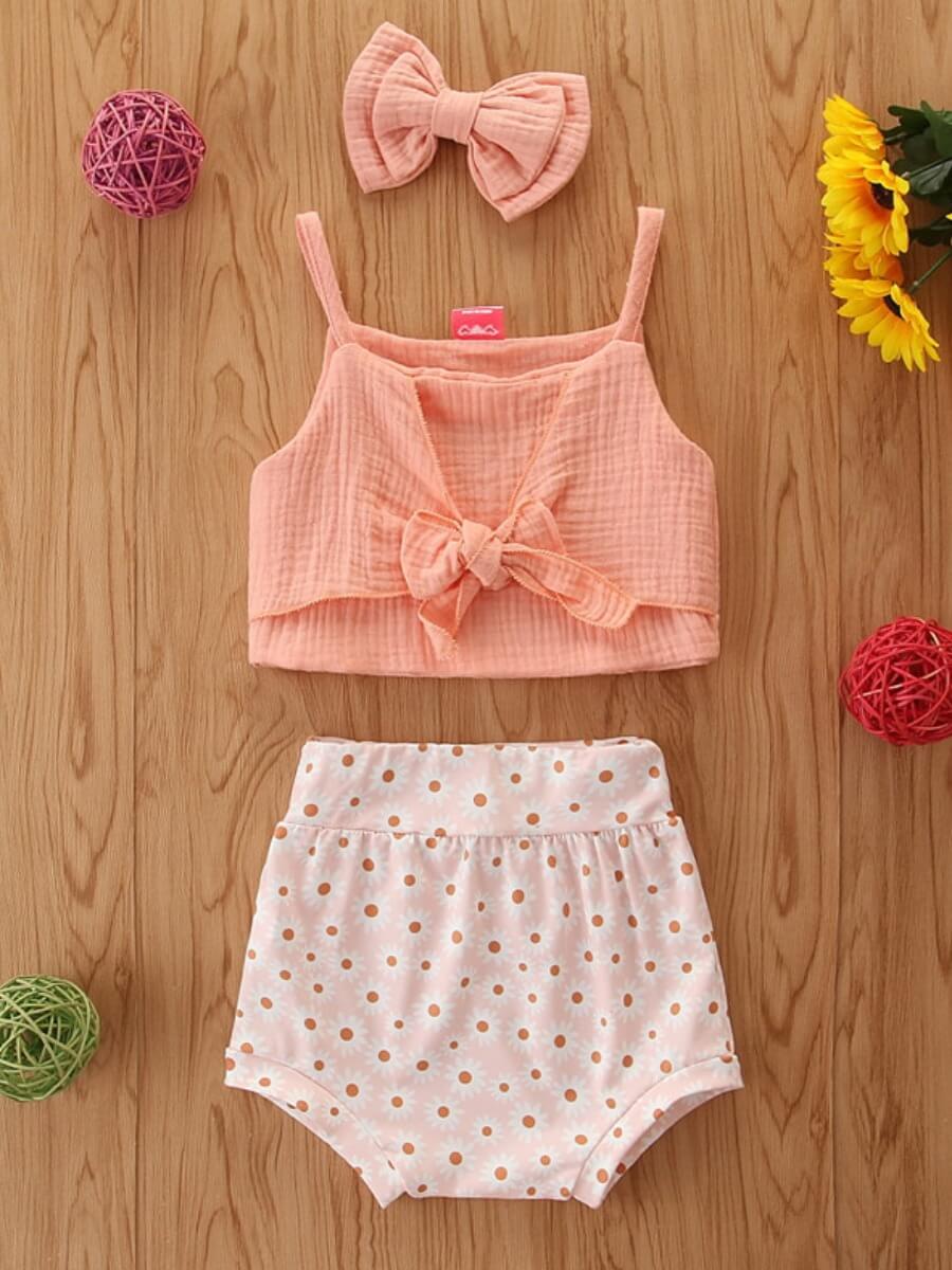 

Lovely Sweet Spaghetti Strap Knot Design Print Light Pink Girl Two Piece Shorts Set