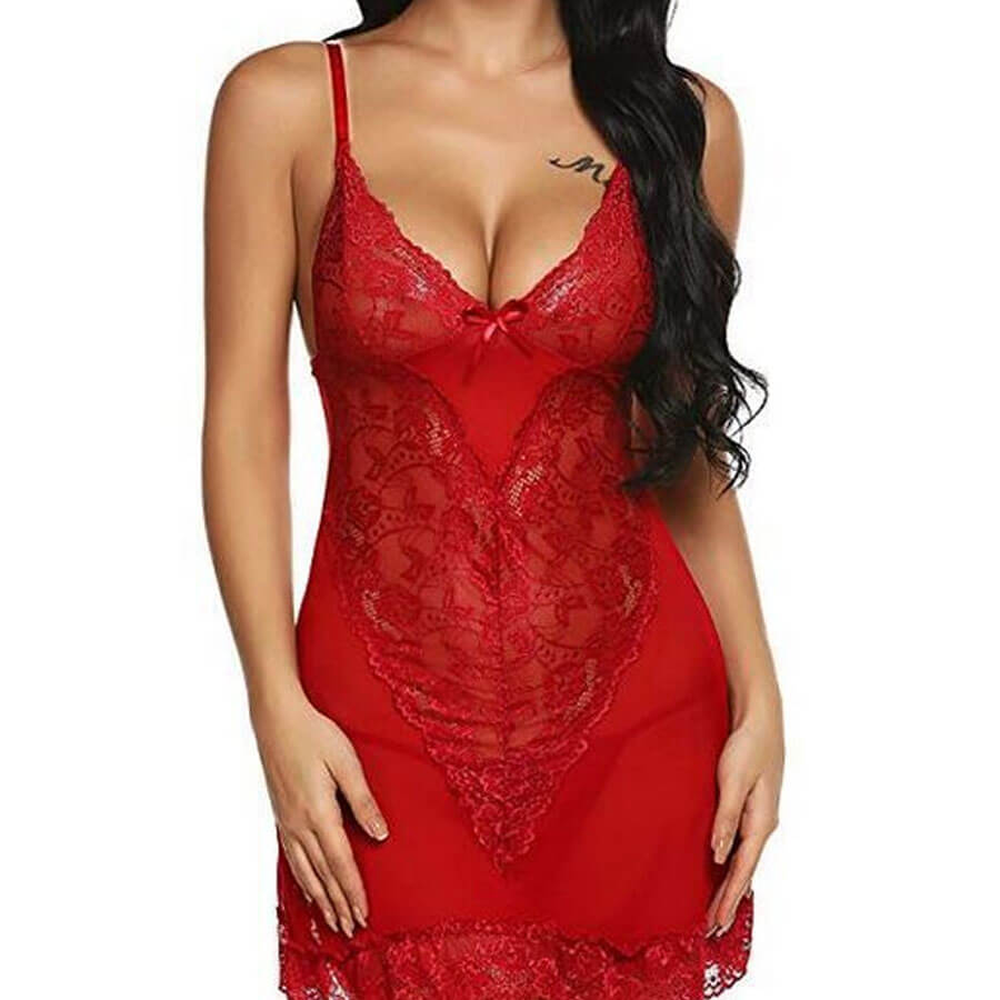 

Lovely Sexy V Neck Patchwork Red Babydoll