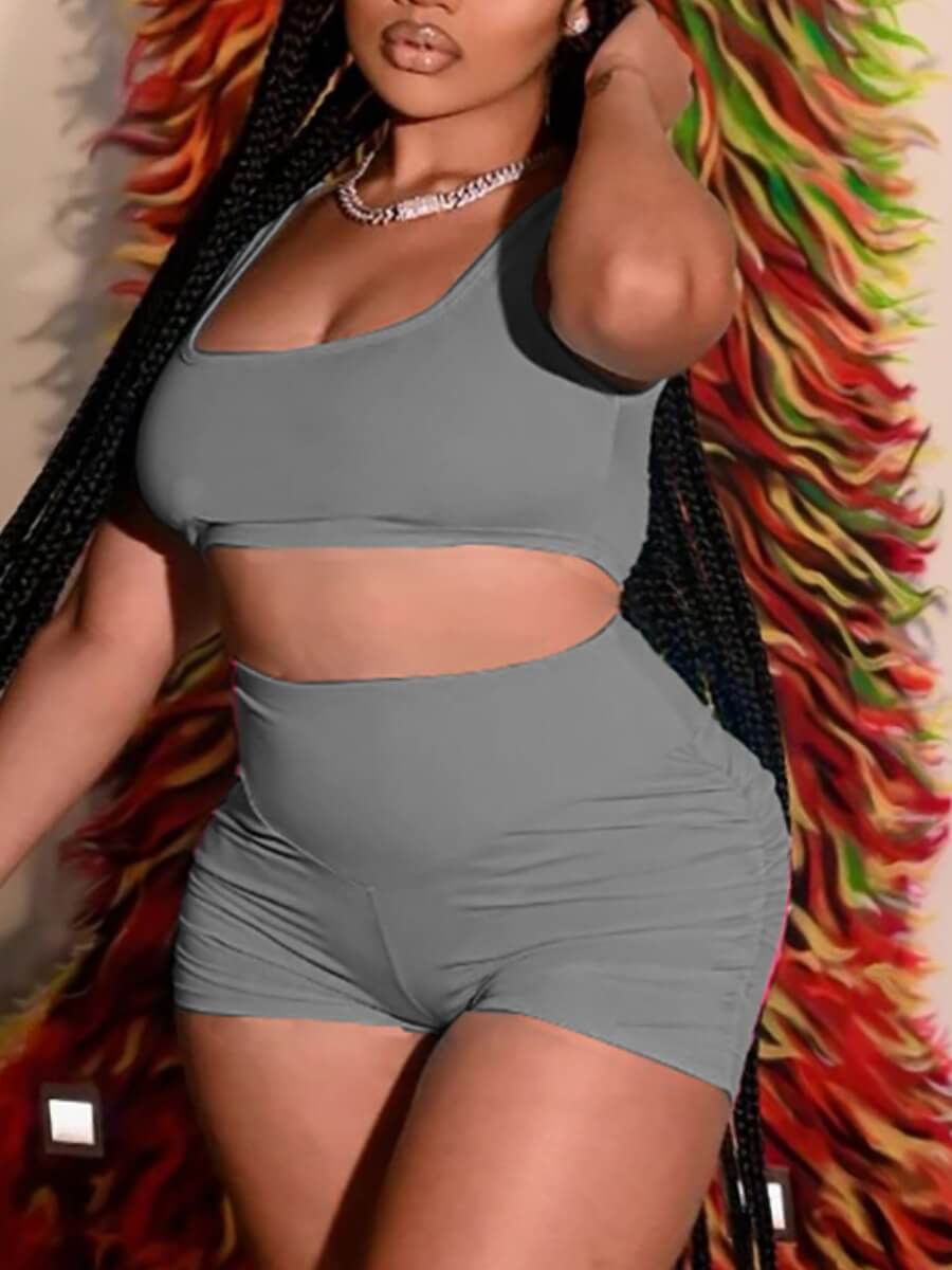 

Lovely Casual U Neck Spaghetti Strap Fold Design Grey Yoga Two Piece Shorts Set