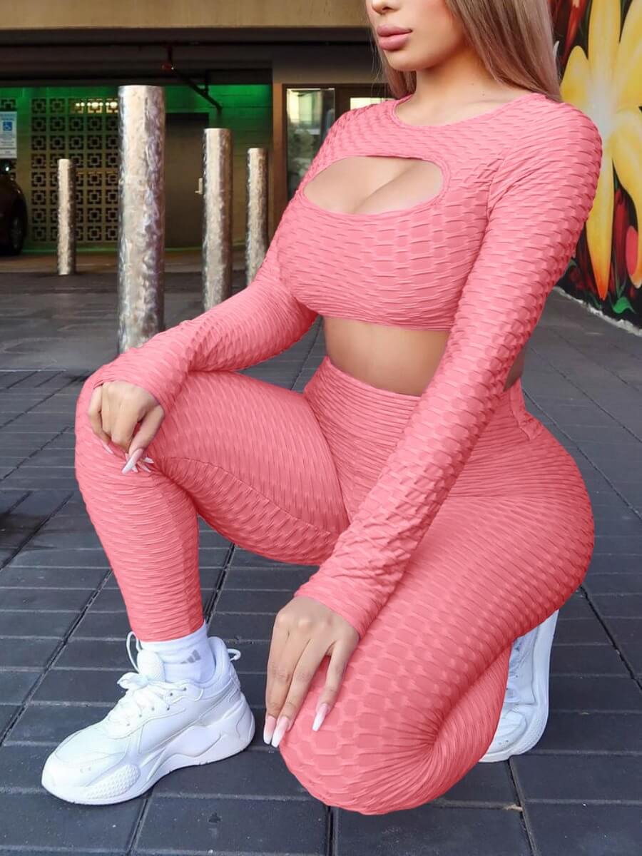 

Lovely Sportswear O Neck Hollow-out Print Pink Yoga Two Piece Pants Set