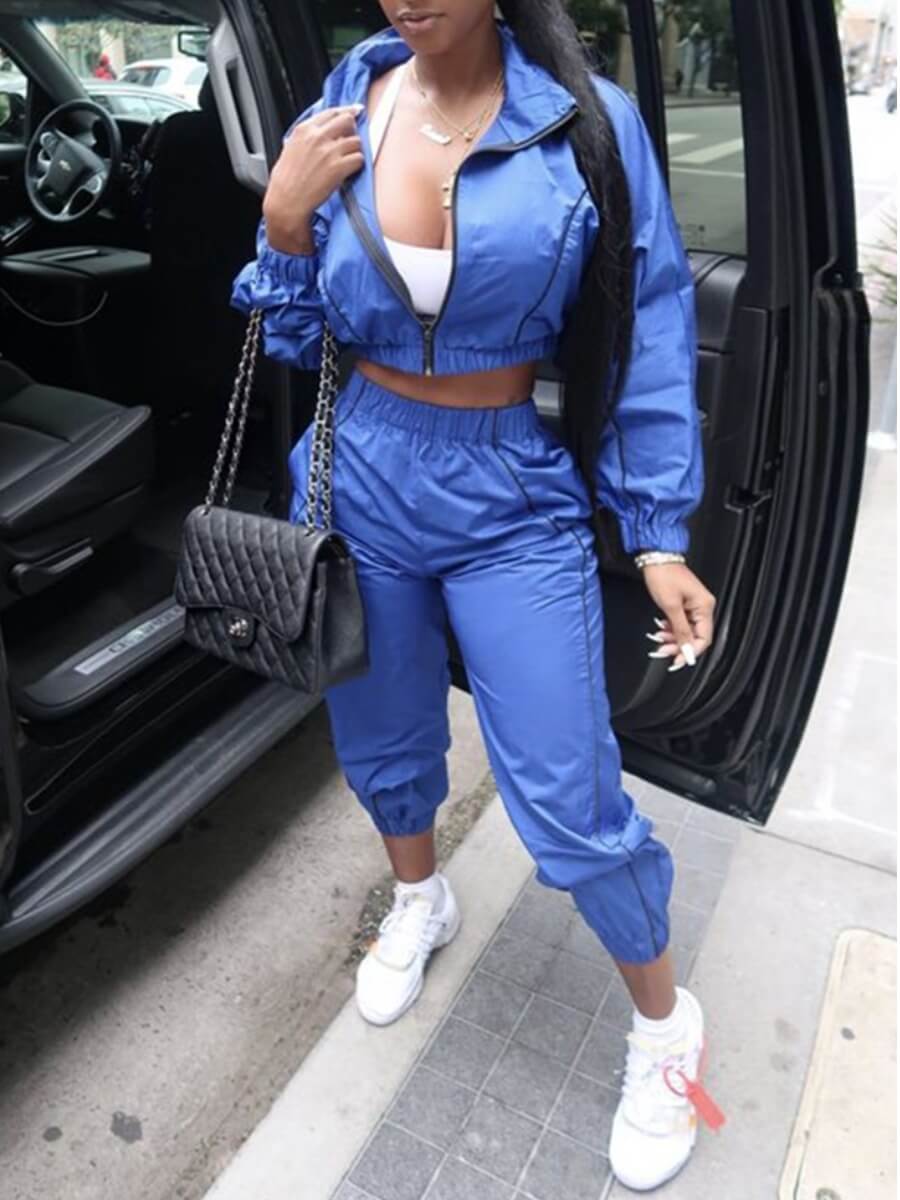 

Lovely Sportswear Turndown Collar Striped Blue Two Piece Pants Set