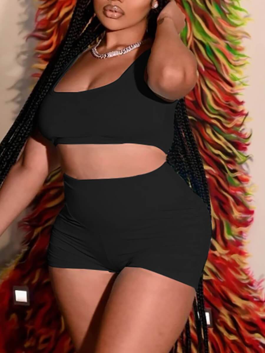 

Lovely Casual U Neck Tank Sleeveless Black Yoga Two Piece Shorts Set
