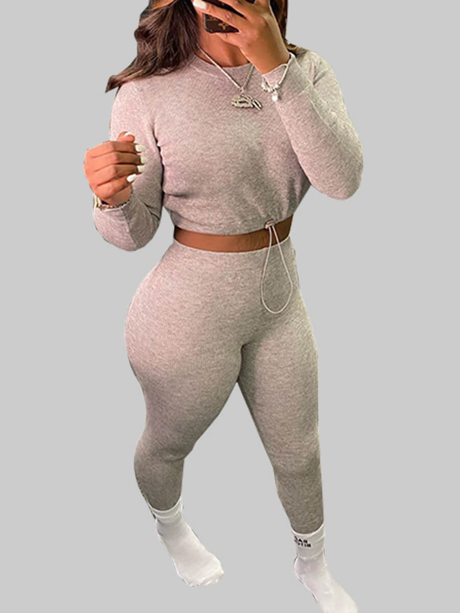 

Lovely Casual O Neck Drawstring Grey Two Piece Pants Set