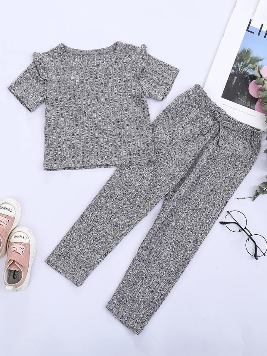 

Lovely Casual O Neck Flounce Design Grey Girl Two Piece Pants Set