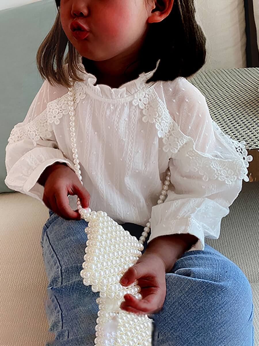 

Lovely Sweet Mandarin Collar Fold Design Patchwork White Girl Blouse