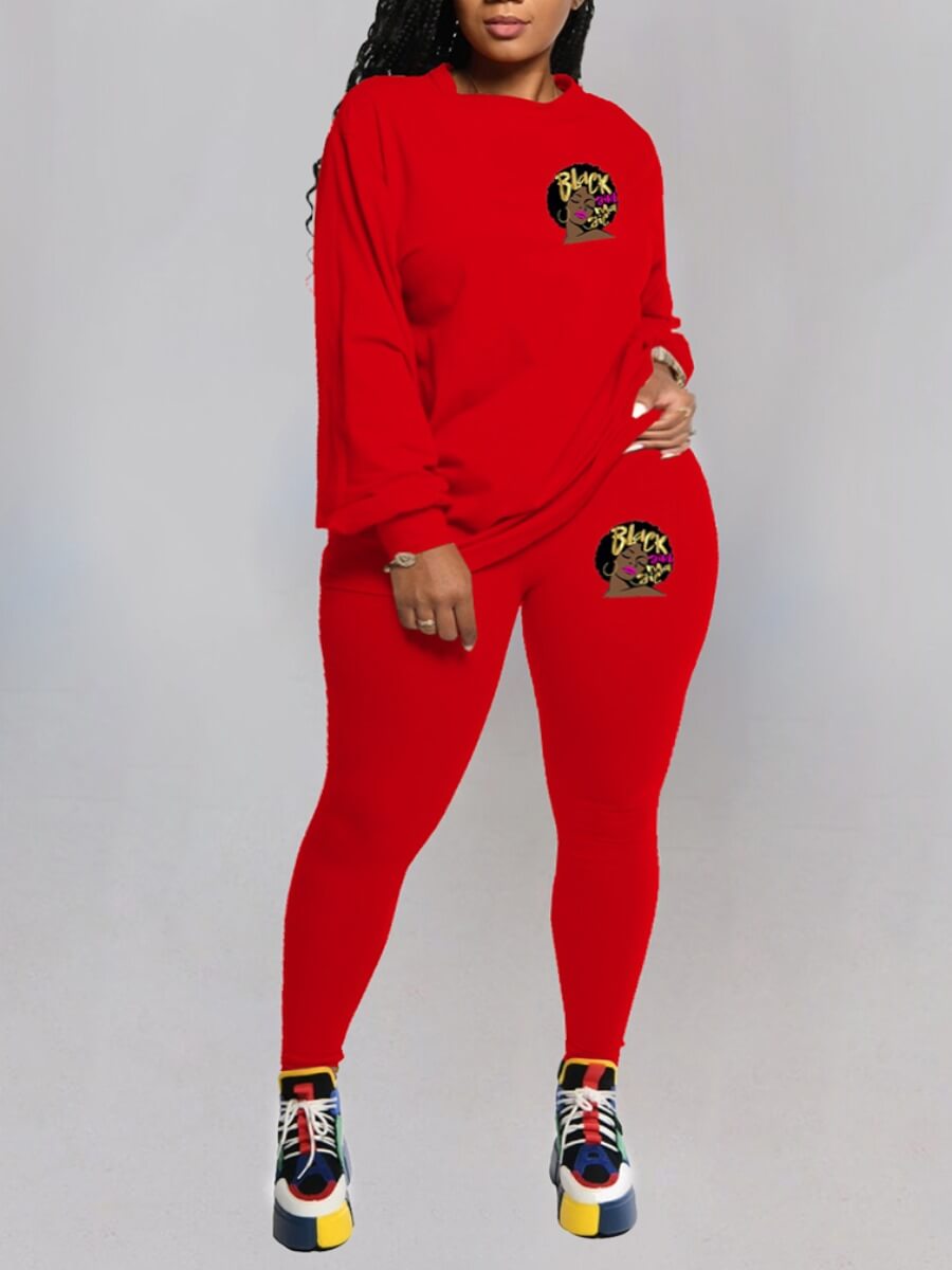 

Lovely Casual O Neck Letter Print Red Plus Size Two-piece Pants Set