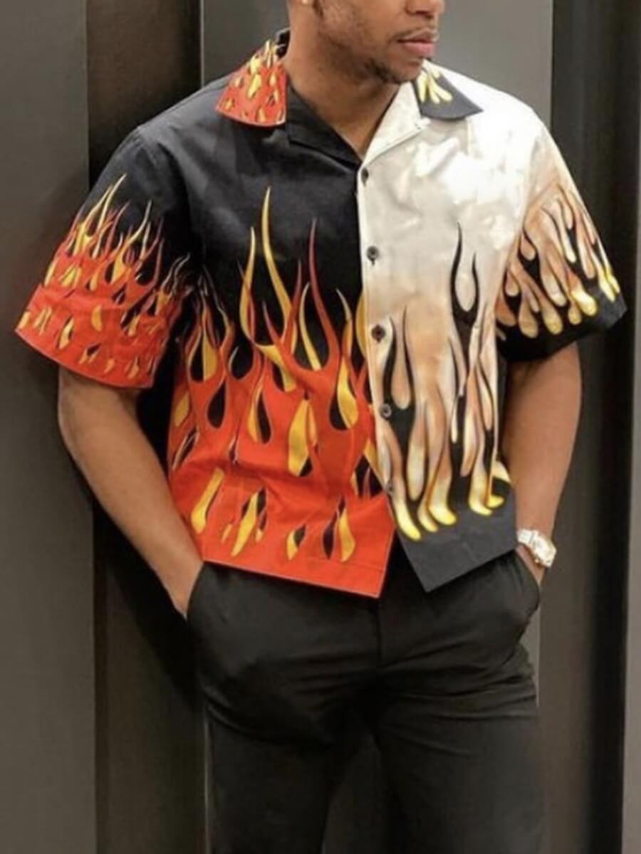 

Lovely Men Casual Turndown Collar Print Patchwork Black Shirt