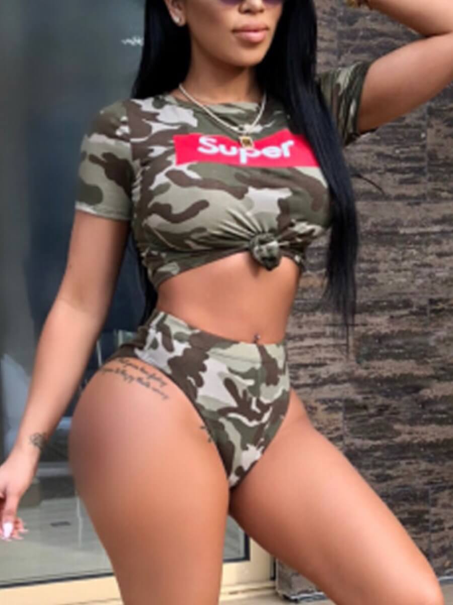 LW Round Neck Letter Camo Print Tankini