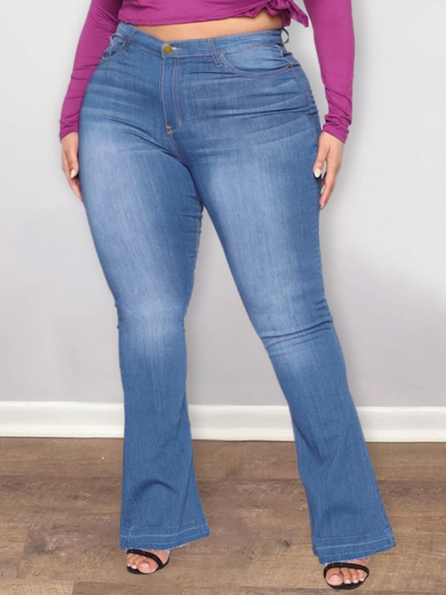 

Lovely Casual High-waisted Flared Gradient Blue Plus Size Jeans